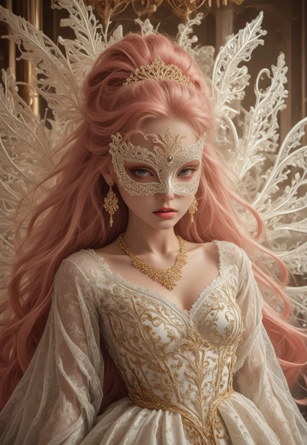 safe_pos, pmg style, score_9, score_8_up, score_7_up, score_6_up, 
pink hair, ((very long hair:1.4)), ((white puppet:1.2)), ((white lace mask:1.3)), gold pattern mask, (slender:1.2), glowing transparent wings, wings on back, huge fractal patterned wings, slender, beautiful breasts, white shining dress, see-through shawl, fancy shawl, full of gold ornaments dress, tiara, extravagant jeweled necklace, crazy extravagant, excessive glittering decorations on dress, complicated patterned dress, flowers, long earrings, glitters on dress, jewelry, layered dress, complicated patterned dress, excessive extravagant ornaments, 