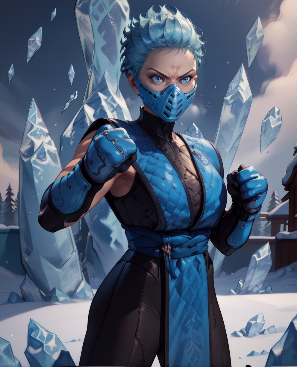 score_9,score_8_up,score_7_up,score_6_up,
frostxl,blue eyes,short hair,mouth mask,fighting stance,clenched hands,
black bodysuit,blue short pelvic curtain,gloves,
standing,serious,
winter,ice,<lora:FrostpXLDefault-11:1>,