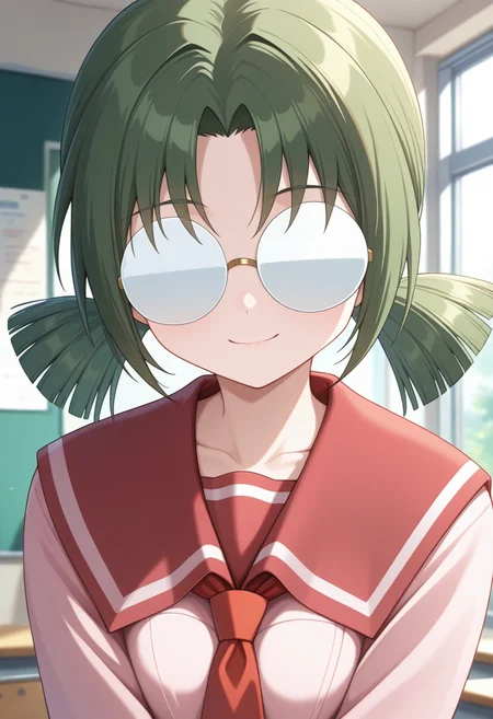 masterpiece, best quality, amazing quality, 1girl, solo, (portrait:1.2), chiyoww, green hair, short hair, twintails, short twintails, round eyewear, opaque glasses, school uniform, pink serafuku, red sailor collar, pink shirt, looking at viewer, smile, indoors, day, skindentation, detailed clothing folds, depth of field, sharp, high contrast, dynamic light <lora:Iin_Chiyo_Seto_no_Hanayome_ill:0.9>