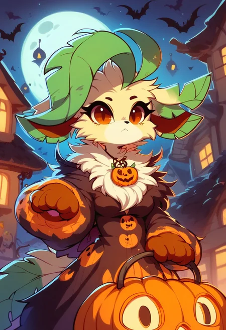 score_9,score_8_up,score_7_up, 1girl, pokemon creature, no humans, feral, furry, leafeon, halloween costume, house with halloween decoration, halloween, big moon on sky, moon with skull face, MegaFluffyPony, furry, fluffy