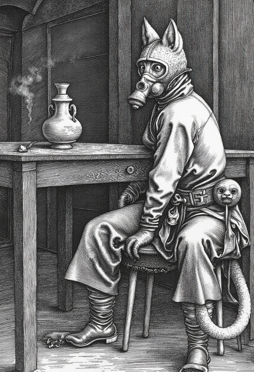 engraving in the style of yfg-durer, anthropomorphic, cat, pool toy, furry female, sitting at table wearing gas mask, green fog, clothed, survival gear, abandoned building, looking at viewer, angrboda, masterpiece, best quality, amazing quality, very aesthetic, absurdres, newest.