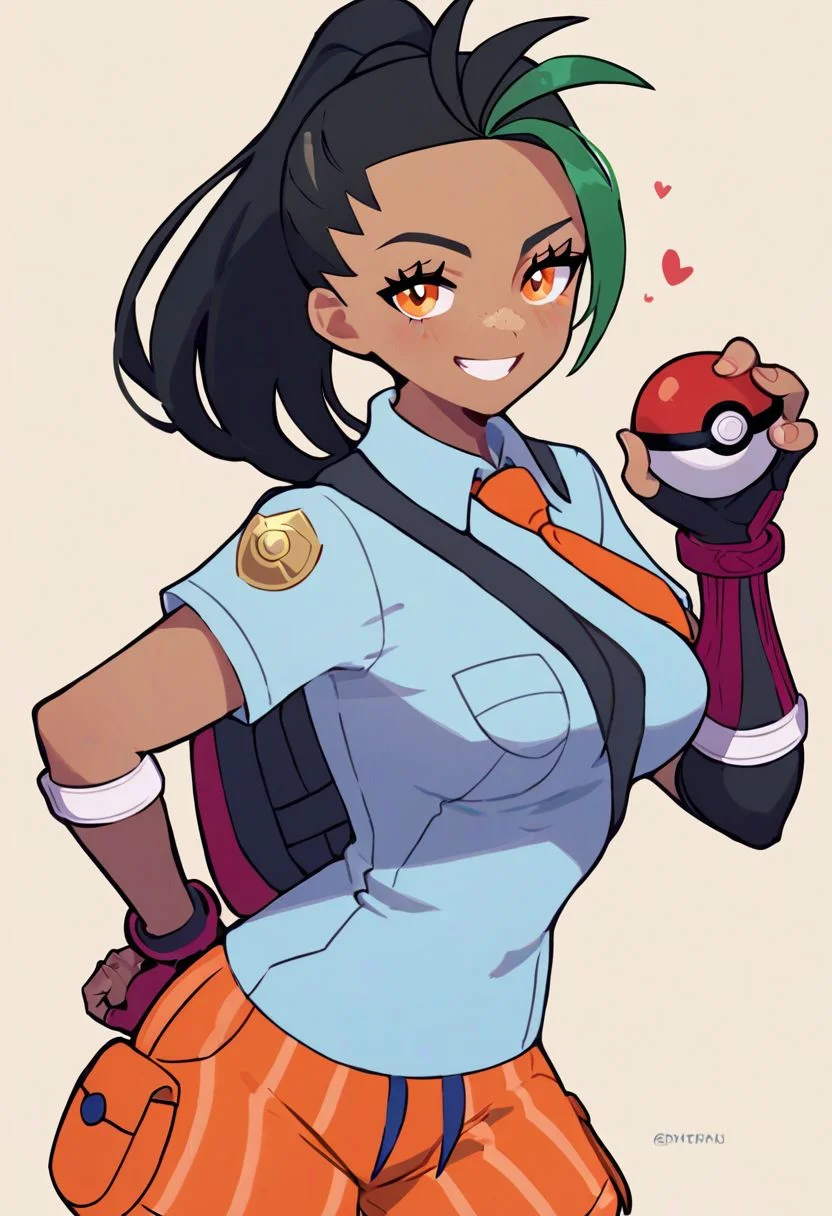 score_9, score_8_up, score_8, medium breasts, (curvy), cute, eyelashes, Nemona \(Pokemon\), black hair, green hair, orange eyes, dark skin, multicolored hair, two-tone hair, hair pulled back, collared shirt, fingerless gloves, orange shorts, backpack, smile, looking at viewer, (holding pokeball)