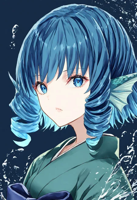 score_9, score_8_up, score_7_up, score_6_up, score_5_up, score_4_up, source_anime, 1girl, solo, 
mlsllw, wakasagihime, blue eyes, medium hair, blue hair, drill hair, drill sidelocks, mermaid, head fins, print kimono, green kimono, frilled kimono, obi, purple sash, blue sash, lace, short_hair, long_sleeves, blue_eyes, frills, blue_hair, wide_sleeves, sash, japanese_clothes, obi, kimono, mermaid, drill_hair, green_kimono, head_fins, frilled_kimono, drill_sidelocks, 
masterpiece, best quality, very aesthetic, absurdres,
