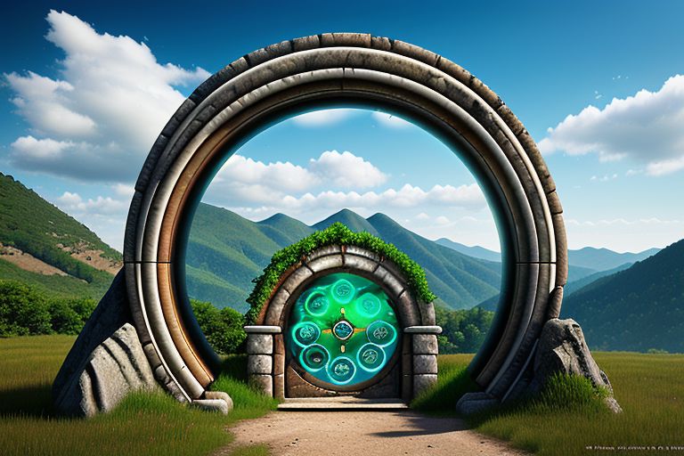 Hyperrealistic art, lush green wooded mountain pass landscape, a fantasy glowing Vivid multi-colored Runes covered made of crystals and marble Circular gate (Circular portal:1.3), fantasy, magic doorway, blue sky, Extremely high-resolution details, photographic, realism pushed to extreme, fine texture, incredibly lifelike,