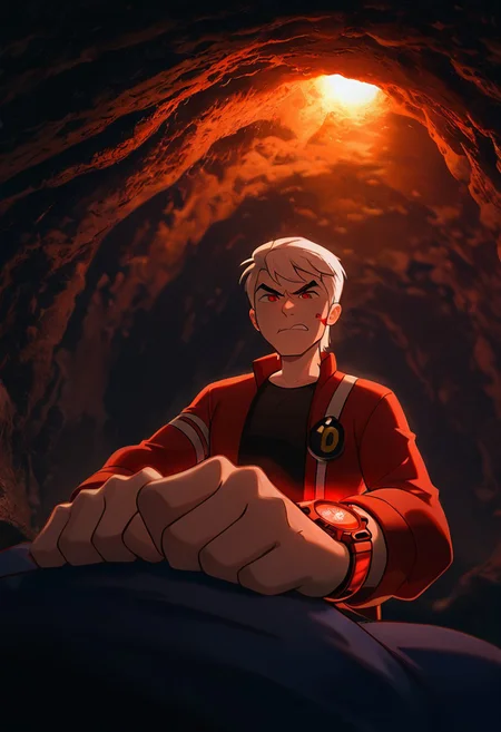 masterpiece, best quality, amazing quality, very aesthetic, absurdres, newest, detailed background,
solo, benuaf,  1boy, , open jacket, black shirt, long sleeves, thick eyebrows,  angry,, wide face, wide head, 
1boy, short hair,, white hair, red jacket, blue pants, red eyes, red watch, 
glowing watch, looking at watch, red glow on face, angry, inside cave, dark, 
 re4lity_sync_illu, foreshortening, scenery, photo background, dim_lighting,hot_palette,soft light