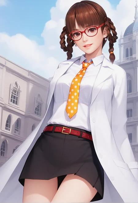 score_9, score_8_up, score_7_up, best quality, intricate details, BREAK 1girl,
<lora:Leifang_Pony_v16:0.9> earrings, lab coat, polka dot necktie,collared shirt, belt, black short skirt, red-framed eyewear,, twin braids, hair rings,
brown hair, brown eyes, jumping,, parted lips, light smile,
vatican city