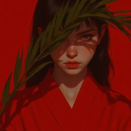 Nixport, a straight short portrait of a girl, pale, black hair, partially obscured by palm leaves, red background, red robe
