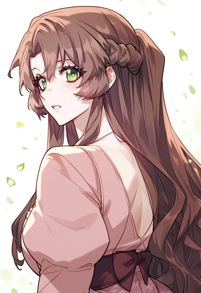 zPDXL3, score_9_up, score_8_up, score_7_up, (Anime_source), 1girl, ChloeBattenberg, green eyes, brown hair, long hair, Mother clothes, half updo, braid, (looking back), upper body, looking at viewer, parted lips, white background, cinematic light, particles