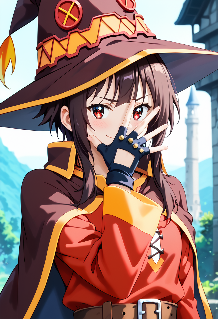 score_9,score_8_up,score_7_up,source_anime,anime screencap,anime coloring,anipai_style,intricate details,beautiful hands,official art,shiny skin,<lora:Megumin:1>,<lora:Anipai_style-07:0.8>,<lora:jonathan-joestar-pose-ponyxl-lora-nochekaiser:1>,<lora:cfg_scale_boost:0.5>,zPDXL3,1girl,solo,Jedmgmn,red eyes,black short hair,brown hair,bangs,red mage hat,red mage costume,brown belt,mage cape,long sleeves,short hair with long locks,fingerless gloves,looking_at_viewer,from_side,upper_body,close-up,hills,outdoors,smirk,blush,closed mouth,standing,dynamic pose,jonathan joestar pose,jonathan joestar's pose (jojo),jojo pose,covering face,spread arms,