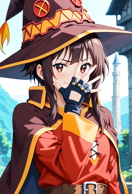 score_9,score_8_up,score_7_up,source_anime,anime screencap,anime coloring,anipai_style,intricate details,beautiful hands,official art,shiny skin,<lora:Megumin:1>,<lora:Anipai_style-07:0.8>,<lora:jonathan-joestar-pose-ponyxl-lora-nochekaiser:1>,<lora:cfg_scale_boost:0.5>,zPDXL3,1girl,solo,Jedmgmn,red eyes,black short hair,brown hair,bangs,red mage hat,red mage costume,brown belt,mage cape,long sleeves,short hair with long locks,fingerless gloves,looking_at_viewer,from_side,upper_body,close-up,hills,outdoors,smirk,blush,closed mouth,standing,dynamic pose,jonathan joestar pose,jonathan joestar's pose (jojo),jojo pose,covering face,spread arms,