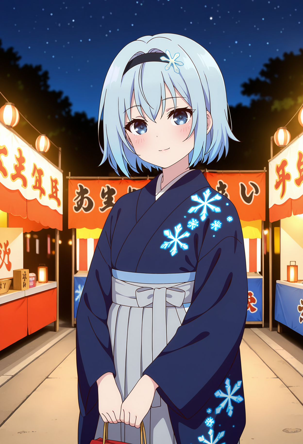 anime screencap, masterpiece, best quality,
<lora:RyuuouNoOshigoto!_SoraGinko_IlluXL:0.9>,
1girl, solo, closed mouth, light smile, blush,
short hair, light blue hair, blue eyes, black hairband, snowflake hair ornament,
GinkoKImono, print kimono, snowflake print, blue kimono, hakama skirt, grey skirt, 
holding bag, kinchaku,
standing, looking at viewer, cowboy shot,
outdoors, summer festival, lantern, night, starry sky, photo background, blurry background
