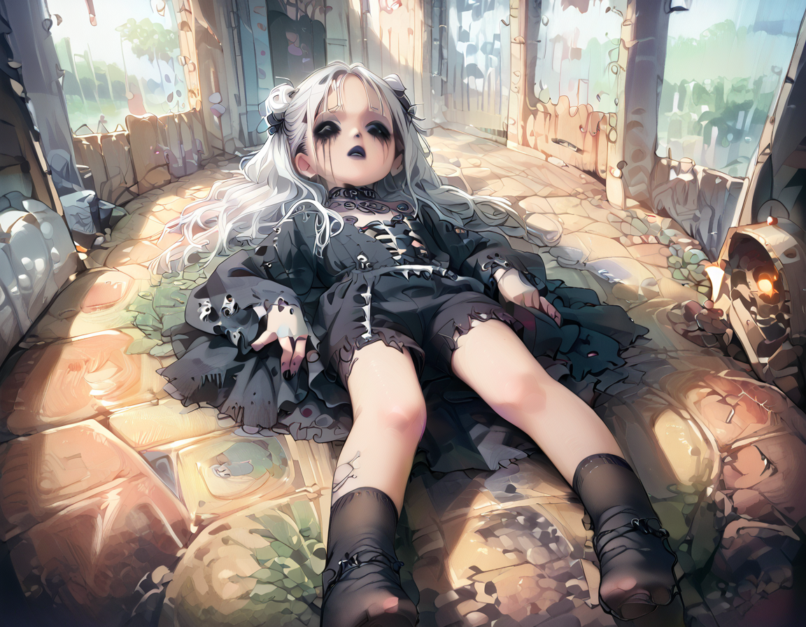 (score_9,score_8_up,score_7_up:1), 1girl, full body, perspective view, horror, darkness, internal glow, radiant skeleton, in pain, (goth, (black lipstick, black mascara, black eyeshadow)), (skinny), white hair, coiled bun hairstyle, choker, eyeshadow)) (albino soft skin), pawg, wide hips, milf, <lora:butt:1>, (laying on back), Asian church, (<lora:zavy-cntrst-sdxl:1> chiaroscuro, low-key, horror), (<lora:goth_clothes:1> goth clothes, jewelry, black stockings, black shorts), <lora:PsychedelicDream:1> psychedelicdream, <lora:add-detail-xl:1>