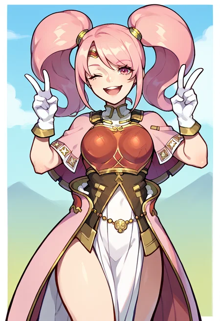 score_9, score_8_up, score_7_up, source_anime, BREAK, solo, 1girl, smile, looking at viewer, <lora:Mae-pdxl_Fp:1>, maefe, twintails, pink hair, pink eyes, circlet, long hair, armor, breastplate, capelet, pelvic curtain, white gloves, open mouth, one eye closed, v
