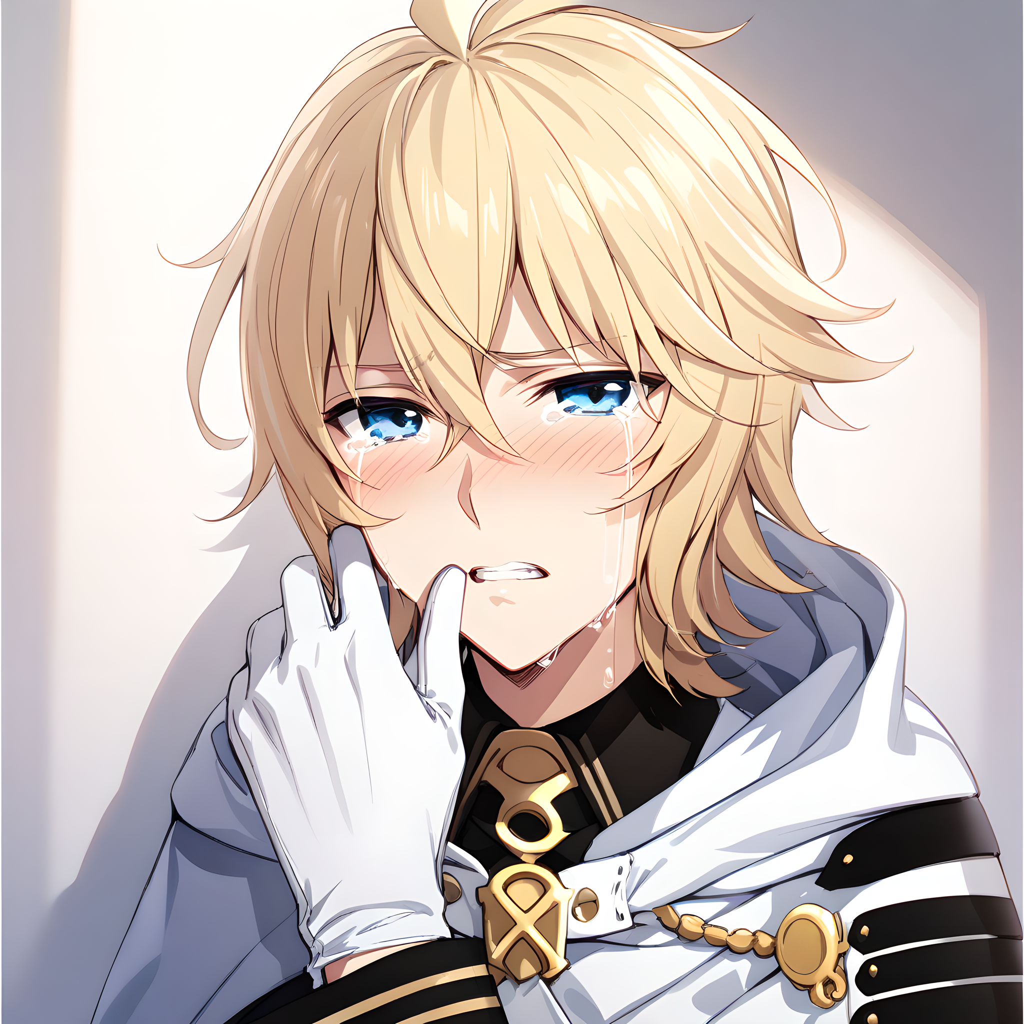 (masterpiece),(best quality),(ultra-detailed),(best illustration),(best shadow),(absurdres),(detailed background),(very aesthetic),hyakuya mikaela, blonde hair, 1boy, blue eyes, male focus, gloves, solo, white gloves, white background, tears, looking at viewer, blush, crying, simple background, teeth, upper body<lora:mikaela:1>