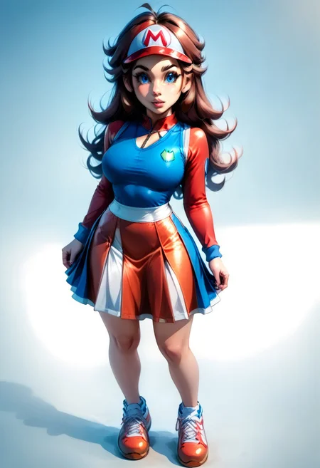 <lora:MtF_Genderswap:1>, genderswap \(mtf\), Mario, facing forward, adult woman, extremely large nose, extremely bulbous nose, very wide face, circular head shape, wide chin, wide jawline, brown hair, lightly curly hair, blue eyes, average bust, wide hips, red and blue clothes, tennis uniform, two-tone skirt, fully clothed, zPDXL, score_9, score_8_up, score_7_up, score_6_up, score_5_up, score_4_up,
full body render, full body, photorealistic image, realistic image, high quality, detailed face, realistic human proportions, detailed clothes, even lighting, no aura, no glow,