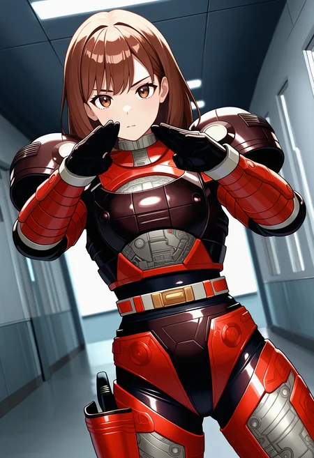 1girl, solo, R3ddle, armor, bodysuit, shoulder pad, gloves, belt, holster, brown hair, brown eyes, cowboy shot, dutch angle, looking at viewer, shiny clothes, fighting stance,
indoors, hallway, metal wall,
best quality, very aesthetic, masterpiece,