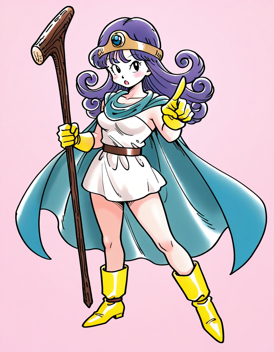 general,highres, ultra-detailed,very aesthetic,best quality ,best hands,  BREAK  <lora:Sage_DQâ¢_FC_IS:1>
Sage_DQâ¢_FC, 1girl,black eyes, long hair, blue hair,  purple hair, sage (dq3), breasts, curly hair, 
solo, cape, boots, yellow gloves, staff, yellow footwear, dress, holding, open mouth, circlet, looking at viewer, :o, holding staff, pointing, 
white dress, blue cape, belt, short dress, full body, collarbone, blush, standing, index finger raised