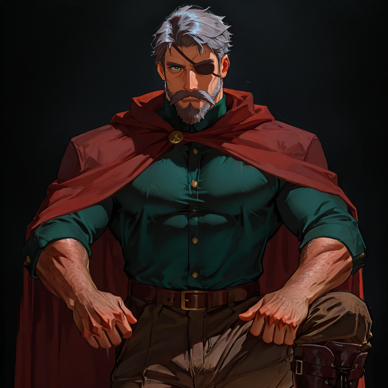 <lora:Marlon (IL):.75>, MarlonSV, medium hair, grey hair, green eyes, beard, mustache, eyepatch, mature male, muscular, red cape, green long sleeve shirt, belt, brown pants, boots,
upper body, 
(very short hair), male focus, muscular male, large pectorals, muscular male, bara, mature, (hairy body, hairy, body hair, arm hair, leg hair, hairy body, glossy skin, bara, mature, facial hair, beard, full beard, sideburn, mustache, stubble), facial hair, bara, mature, body hair, aixiwuganda_(20222192), very awa, masterpiece, best quality, absurdres, newest, perfect quality, detailed background, intricate details,<lora:slider_Body Type_alpha1.0_rank4_noxattn_last:2><lora:Anime Summer Days 2 Style SDXL_LoRA_Pony Diffusion V6 XL:.6><lora:merged:.7>, DARK, DARK BACKGROUND, LOW-KEY LIGHTING <lora:slider_cfg_scale_boost:.7><lora:Artist6p:.55>, Artist6p, Artist04p,<lora:slider_il_brightness_slider_d1:-.5><lora:slider_il_contrast_slider_d1:-.25>,<lora:slider_contract_controller_illus01_v1:.3>, <lora:addon_illustriousXLv01_stabilizer_v1.121:.5>,<lora:slider_DarkSlider1.2_alpha1.0_rank16_full_300steps:-.2><lora:Heavenly_Beauty_r1:1>, (heavenlybeauty,)<lora:slider_style_strength_controller_illus01_v1:.25>