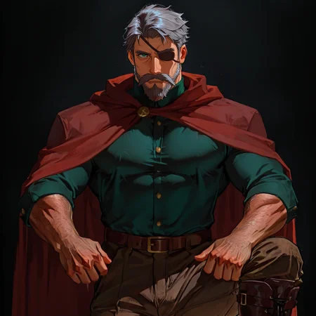 <lora:Marlon (IL):.75>, MarlonSV, medium hair, grey hair, green eyes, beard, mustache, eyepatch, mature male, muscular, red cape, green long sleeve shirt, belt, brown pants, boots,
upper body, 
(very short hair), male focus, muscular male, large pectorals, muscular male, bara, mature, (hairy body, hairy, body hair, arm hair, leg hair, hairy body, glossy skin, bara, mature, facial hair, beard, full beard, sideburn, mustache, stubble), facial hair, bara, mature, body hair, aixiwuganda_(20222192), very awa, masterpiece, best quality, absurdres, newest, perfect quality, detailed background, intricate details,<lora:slider_Body Type_alpha1.0_rank4_noxattn_last:2><lora:Anime Summer Days 2 Style SDXL_LoRA_Pony Diffusion V6 XL:.6><lora:merged:.7>, DARK, DARK BACKGROUND, LOW-KEY LIGHTING <lora:slider_cfg_scale_boost:.7><lora:Artist6p:.55>, Artist6p, Artist04p,<lora:slider_il_brightness_slider_d1:-.5><lora:slider_il_contrast_slider_d1:-.25>,<lora:slider_contract_controller_illus01_v1:.3>, <lora:addon_illustriousXLv01_stabilizer_v1.121:.5>,<lora:slider_DarkSlider1.2_alpha1.0_rank16_full_300steps:-.2><lora:Heavenly_Beauty_r1:1>, (heavenlybeauty,)<lora:slider_style_strength_controller_illus01_v1:.25>