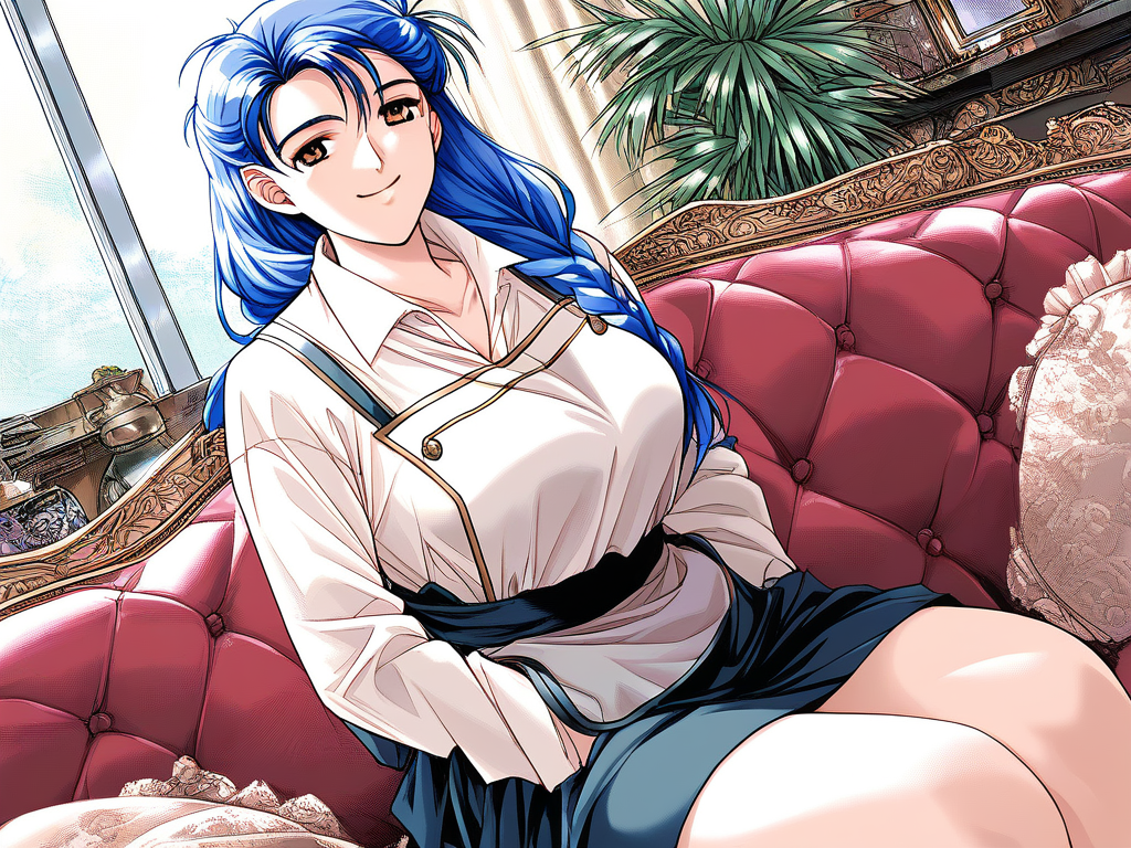 score_9, score_8_up, score_7_up, source_anime, rating_explicit, BREAK  <lora:Narusawa_Misako_XL:1> NarusawaMisako, blue hair, long hair, brown eyes, large breasts,
1girl, solo, apron, indoors, braid, couch, shirt, looking at viewer, 
long sleeves, skirt, smile, collared shirt