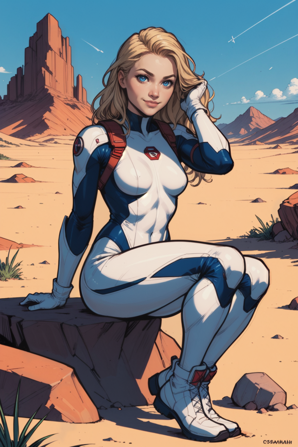 1girl, solo, bodysuit, blonde hair, sitting, long hair, looking at viewer, desert, white bodysuit, , outdoors, blurry background, blurry, day, rock, full body, sky, lips, blue eyes, blue sky, breasts, , gloves, white gloves, sand, hand up, science fiction, closed mouth, hand in own hair, sitting on rock, small breasts, nose, depth of field, smile, signature, jewelry, artist name, white footwear, pilot suit, skin tight, medium breasts, boots, <lora:Expressive_H:0.5>, score_9, score_8_up, score_8_up, a_Comic_Illustration, rough lines with ink, (drawn:1.1), (sketch:1.5), (crosshatching:1.25), (comic style:1.1), graphic novel style, sharp lines, hires, zstyle, (western comics \(style\):1.1), (hatching \(texture\):1.2), zPDXL, Mr_Monster_Possitive, beautiful detailed eyes, extreme details eyes,  perfect anatomy,, 1girl, thighs, cowboy shot
