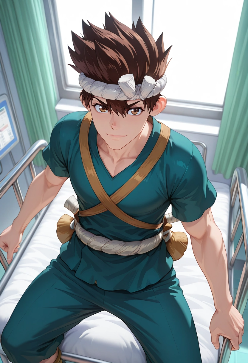 masterpiece, best quality, intricate details, (3d:0.4), , 1boy, solo, male focus, <lora:chrome_dr_stone_ilxl:0.92>, chrome_dr_stone, brown hair, brown eyes, short hair, spiked hair, headband, hachimaki, from above, hospital, noon, dynamic pose, light smile,