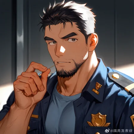 <lora:Date_Wataru__Case_Closed-000008:.6>,Date Wataru, Holding a toothpick in his mouth,, Police uniform, open clothing,
(very short hair, beard, bara, mature, facial hair, stubble, beard, full beard, sideburn, beard, a lot of beard, ), facial hair,male focus, muscular male, muscular male, bara, mature,  bara, mature, aixiwuganda_(20222192), very awa, masterpiece, best quality, absurdres, newest, perfect quality, detailed background, intricate details,
<lora:slider_Body Type_alpha1.0_rank4_noxattn_last:3><lora:style_Anime Summer Days 2 Style SDXL_LoRA_Pony Diffusion V6 XL:.6><lora:slider_cfg_scale_boost:.7><lora:Artist6p:.55>, Artist6p, Artist04p,<lora:slider_il_brightness_slider_d1:-1><lora:slider_il_contrast_slider_d1:-1><lora:slider_DarkSlider1.2_alpha1.0_rank16_full_300steps:-.6>