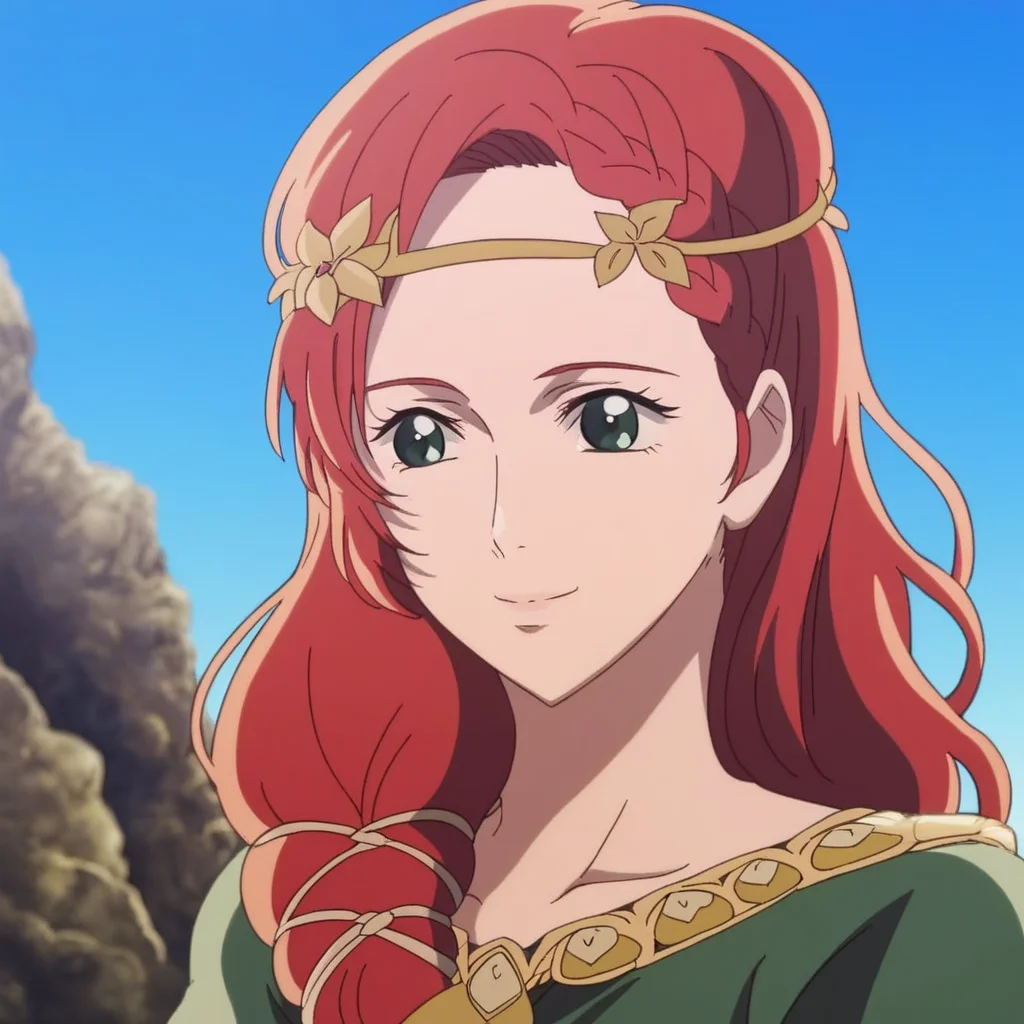 warofroh, 1girl, red hair, Hera, braid, green dress, circlet, green eyes, standing, close up, smile, day, outside, blue sky