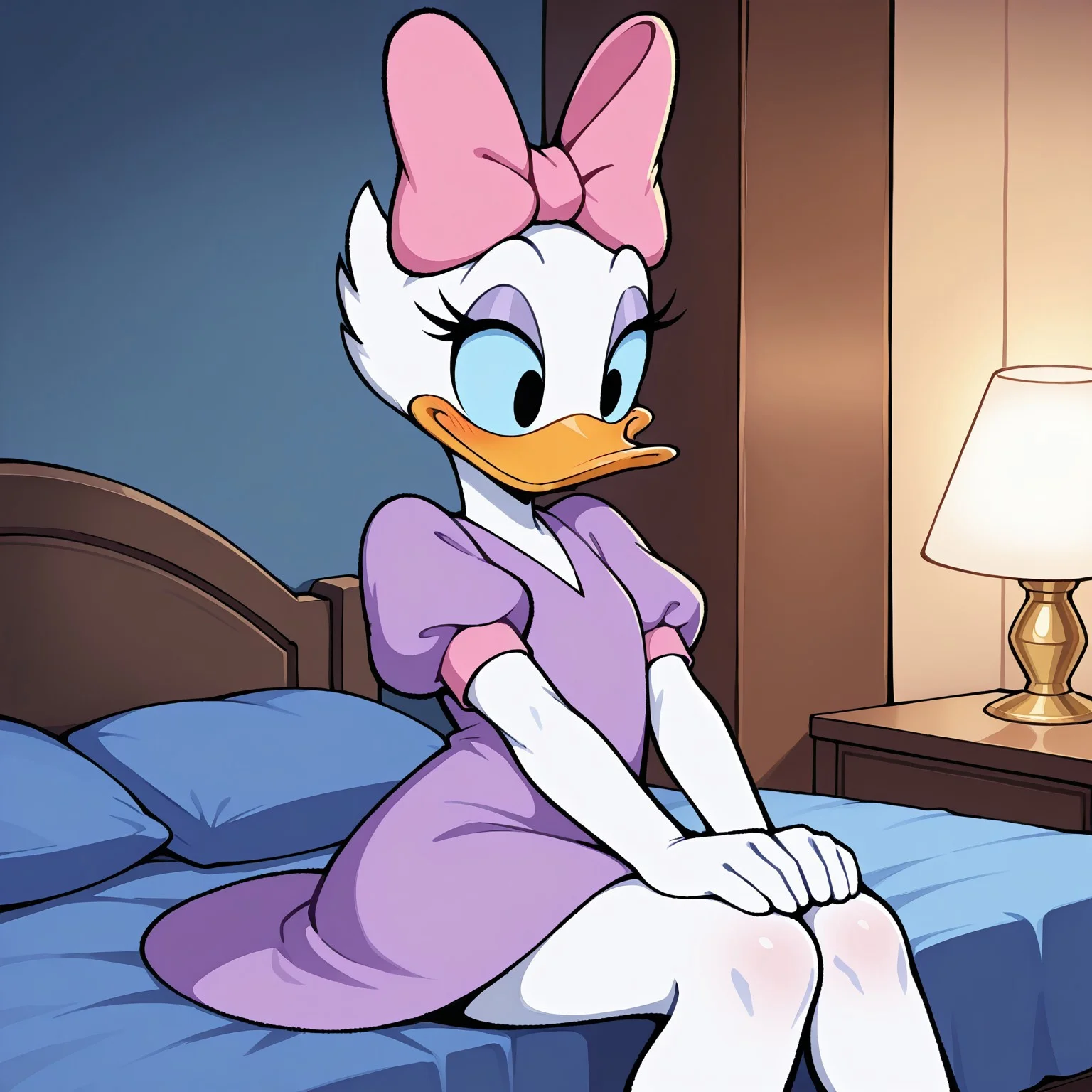 masterpiece, best quality, amazing quality, very aesthetic, absurdres, newest, score_9, score_8_up, 1girl, solo, daisyd, furry female, female duck, white skin, blue sclera, black eyes, hair bow, purple dress, short puffy sleeves, eyeshadow, pink bow, sitting, smile, blushing, large breats, large hips, cute, adorable, happy, bedroom, blue bed, 2d,