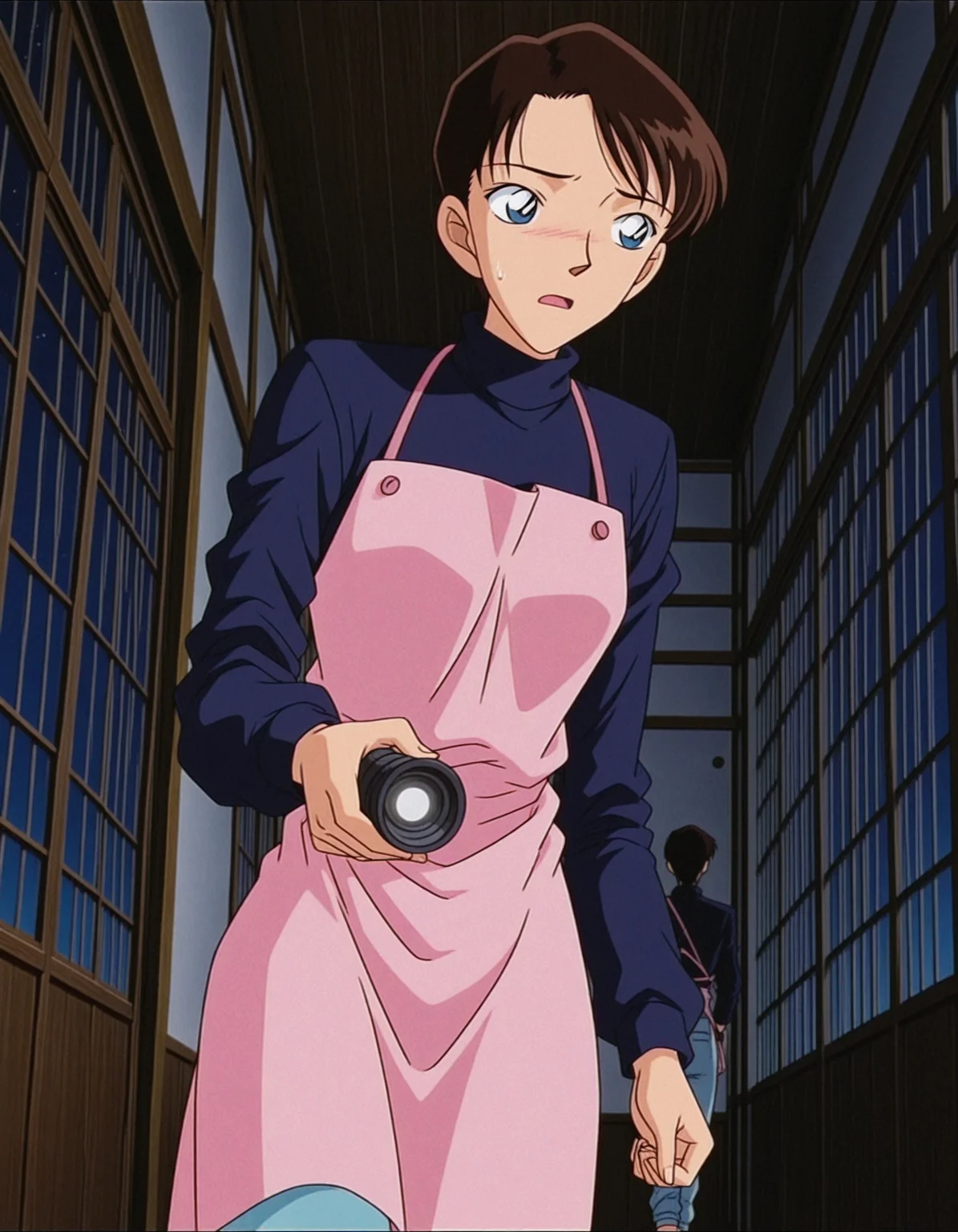 1girl,solo,masterpiece, best quality, anime screenshot,1990s \(style\),retro artstyle,
<lora:yasumoto_hikaru_conan_v2_IL:0.8>,yasumoto hikaru,(meitantei conan:0.7),black hair,brown hair,very short hair,forehead,arched bangs,long sleeves,light pink apron, dark purple turtleneck,aqua capri pants,
,indoors,open mouth,walking,dark,east asian architecture,holding flashlight, (sweatdrop:0.5), hallway,night, darkness, looking at another, window,from below, shy, looking to the side, cowboy shot, looking to the side, <lora:dmd2_sdxl_4step:1>