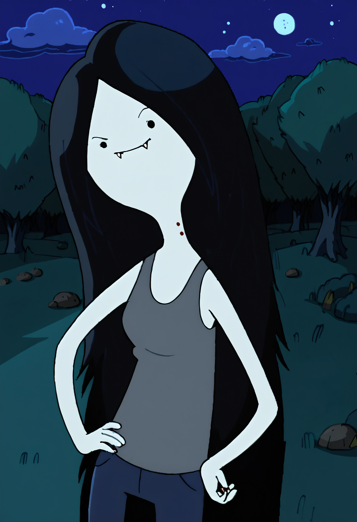marceline, 1girl, fangs, solo, vampire, long hair, fangs out, solid circle eyes,tank top,  bite mark, black eyes,  black hair,floating, very long hair, grey skin, pants, smile,outdoors, night, night sky,  <lora:MarcelinePony1.1:1>, score_9, score_8_up, score_7_up, score_6_up, score_5_up, score_4_up, looking at viewer, hand on own hip, cowboy shot,tree, forest,