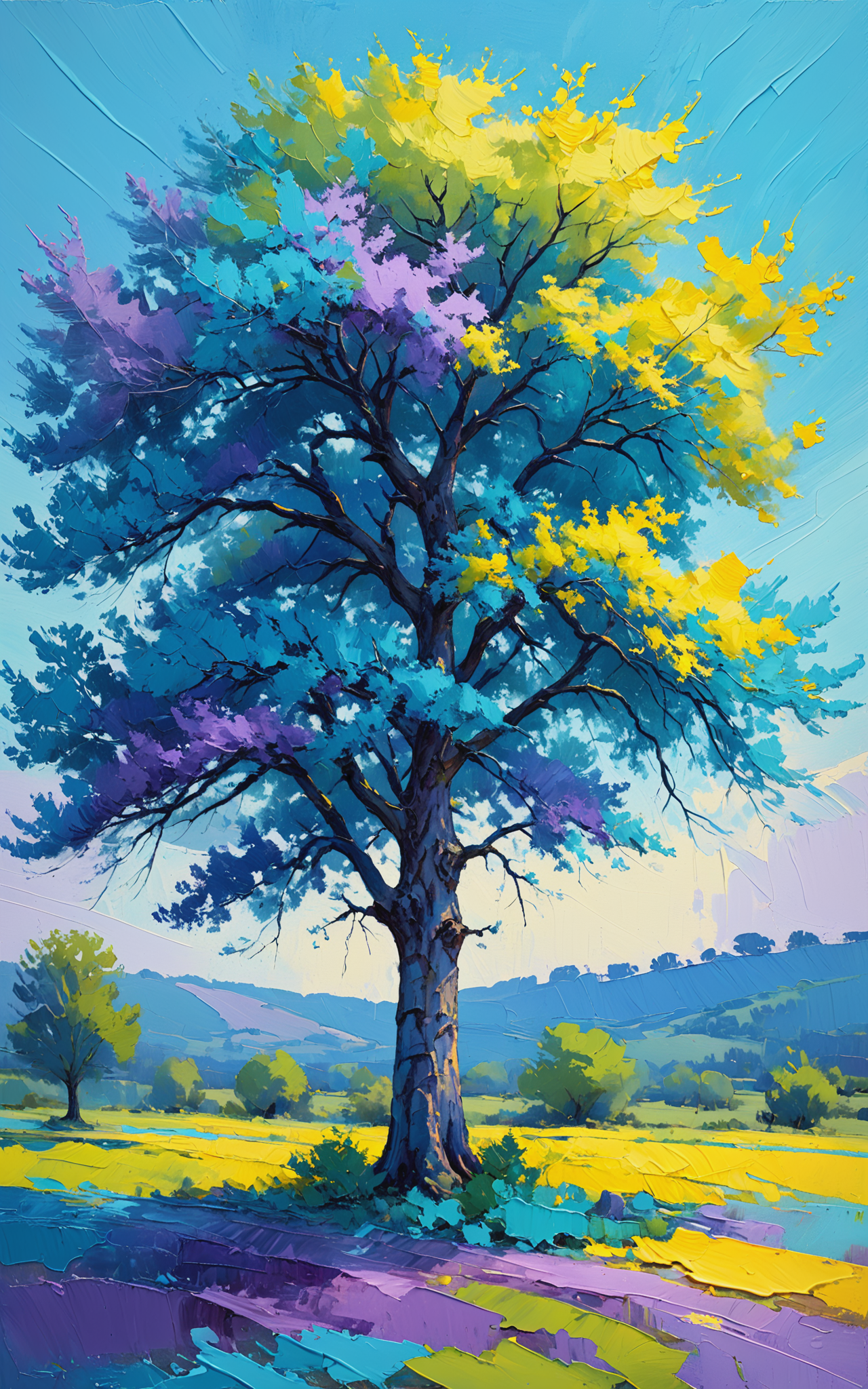 a very well colored painting of a Tree, in the style of experimental layering, light indigo and yellow, plein air, light purple and cyan, 8k resolution, character studies, loose composition<lora:xl_more_art-full_v1:0.3> <lora:oil_SDXL_v1.0:0.6>