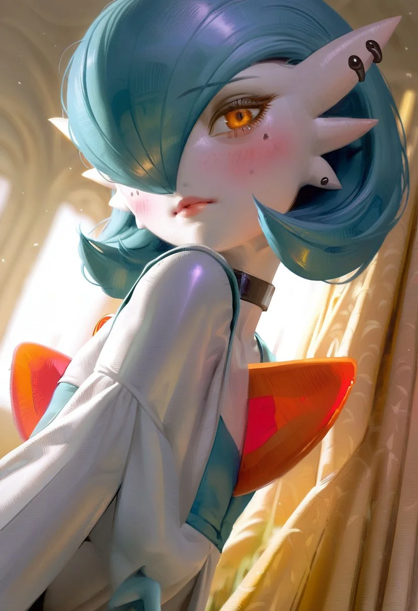 score_9, score_8_up, score_7_up, source_anime, hi res, masterpiece, best quality, highres, Nameless_Style,(Gardevoir), (female), solo, volumetric lighting, white porcelain pale skin, white skin, pastel colors. seductive body, freckles on body, blushing, seductive look, goth gardevoir, looking at the viewer, light blue hair, pierced, pretty gardevoir, long hair, small hips, small ass, (upper body focus:1.1), golden eyes, young, black necklace, black earings,