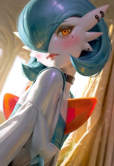 score_9, score_8_up, score_7_up, source_anime, hi res, masterpiece, best quality, highres, Nameless_Style,(Gardevoir), (female), solo, volumetric lighting, white porcelain pale skin, white skin, pastel colors. seductive body, freckles on body, blushing, seductive look, goth gardevoir, looking at the viewer, light blue hair, pierced, pretty gardevoir, long hair, small hips, small ass, (upper body focus:1.1), golden eyes, young, black necklace, black earings,