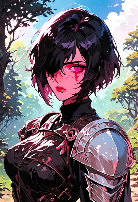 1girl, armor, scar, solo, scar on face, black hair, short hair, hair over one eye, looking at viewer, purple eyes, outdoors, upper body, breastplate, shoulder armor, tree, makeup, day, scar across eye, sky, , cloud, , shoulder plates, pauldrons, breasts, nature, eyelashes, scar on nose, scar on cheek, closed mouth, forest, blue sky, one eye covered
, <lora:Ri-MIX_A_Illustriousv2-000009:1> rimixa,, looking at viewer,, , score_9, score_8_up, score_8_up,