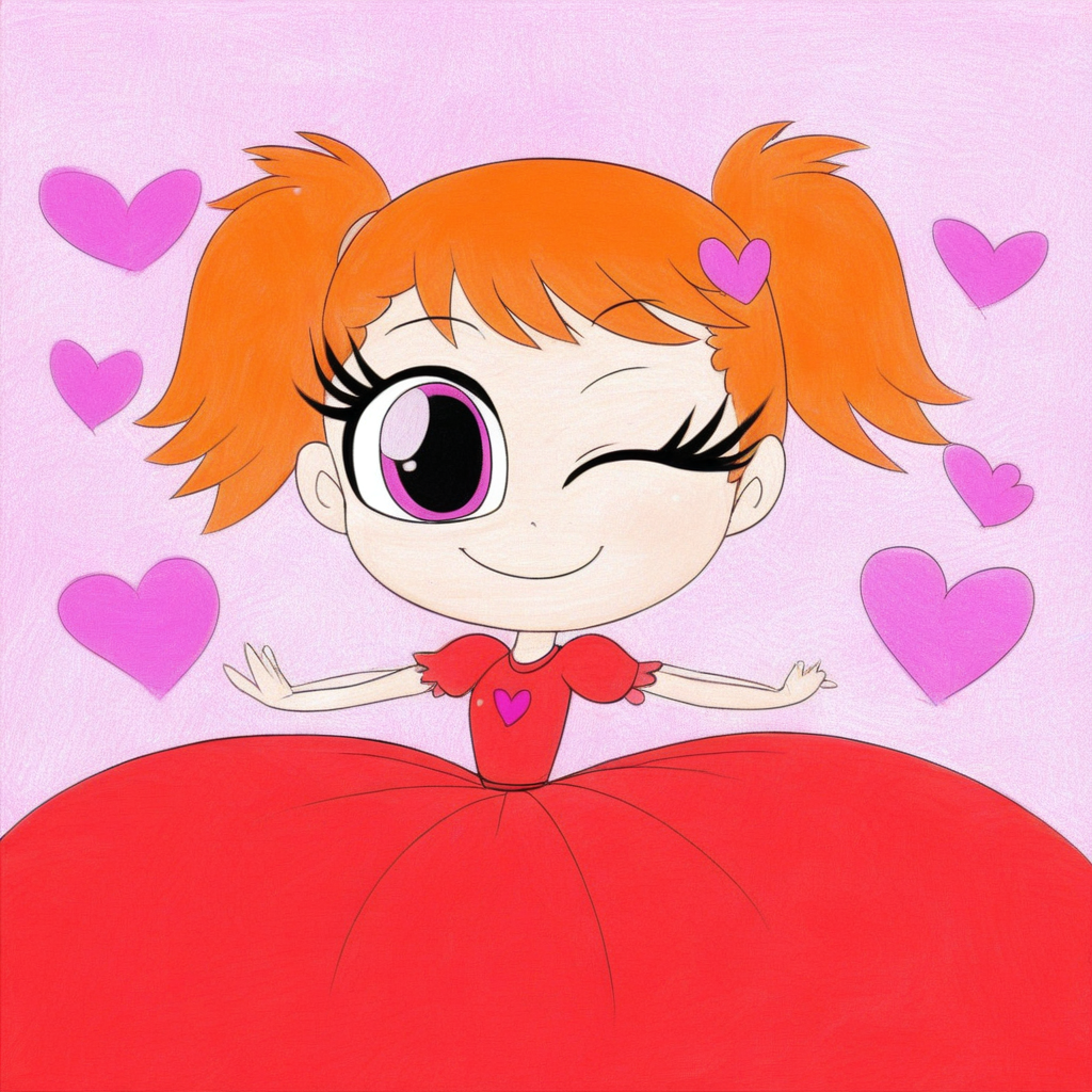 eyelashes, heart, smile, pink eyes, orange hair, red dress, purple eyes, one eye closed, short twintails