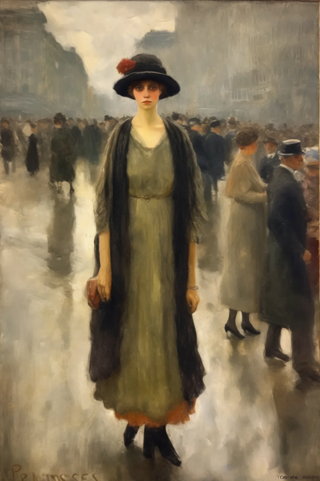 <lora:Theodore Robinson Style:1>Theodore Robinson Style - Princess anastasia in berlin in 1922 in poor clothes in a Lesser Ury painting