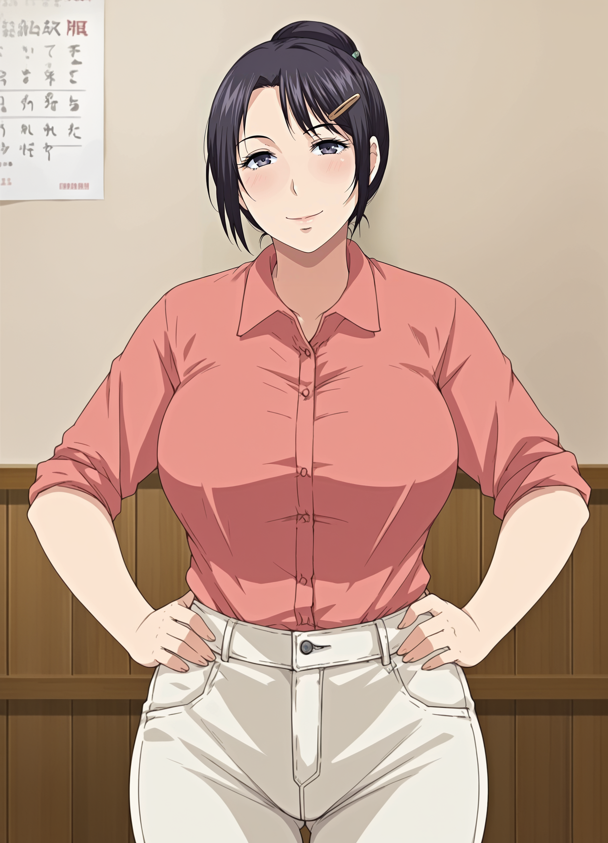 <lora:Yue_ni_Hitozuma_wa_Netorareta4:0.85>,mm,mature female,1girl,solo,black hair,hairclip,large breasts,shirt,pants,cowboy shot,hands on own hips,looking at viewer,indoors,smile