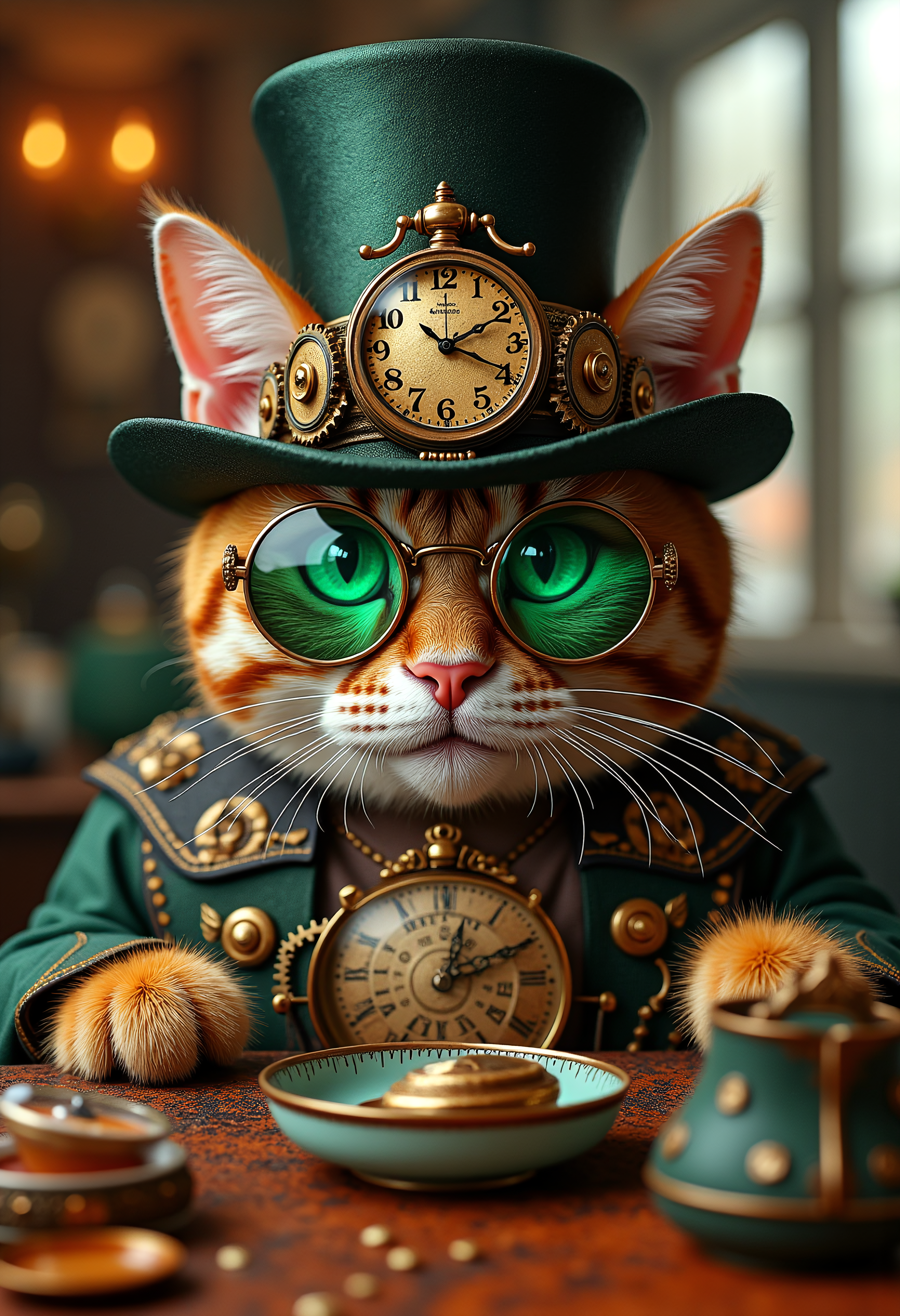 A steampunk cat wearing cool tinted green round spectacles, with a top hat aligned with copper, gears and a huge clock tower in the front,  drinking tea in an exclusive steampunk tea shop, cat's outfit is made of pocketwatches and gears, tea pots have gears in their mechanism, vibrant, extreme details, shar, 4k, 8k