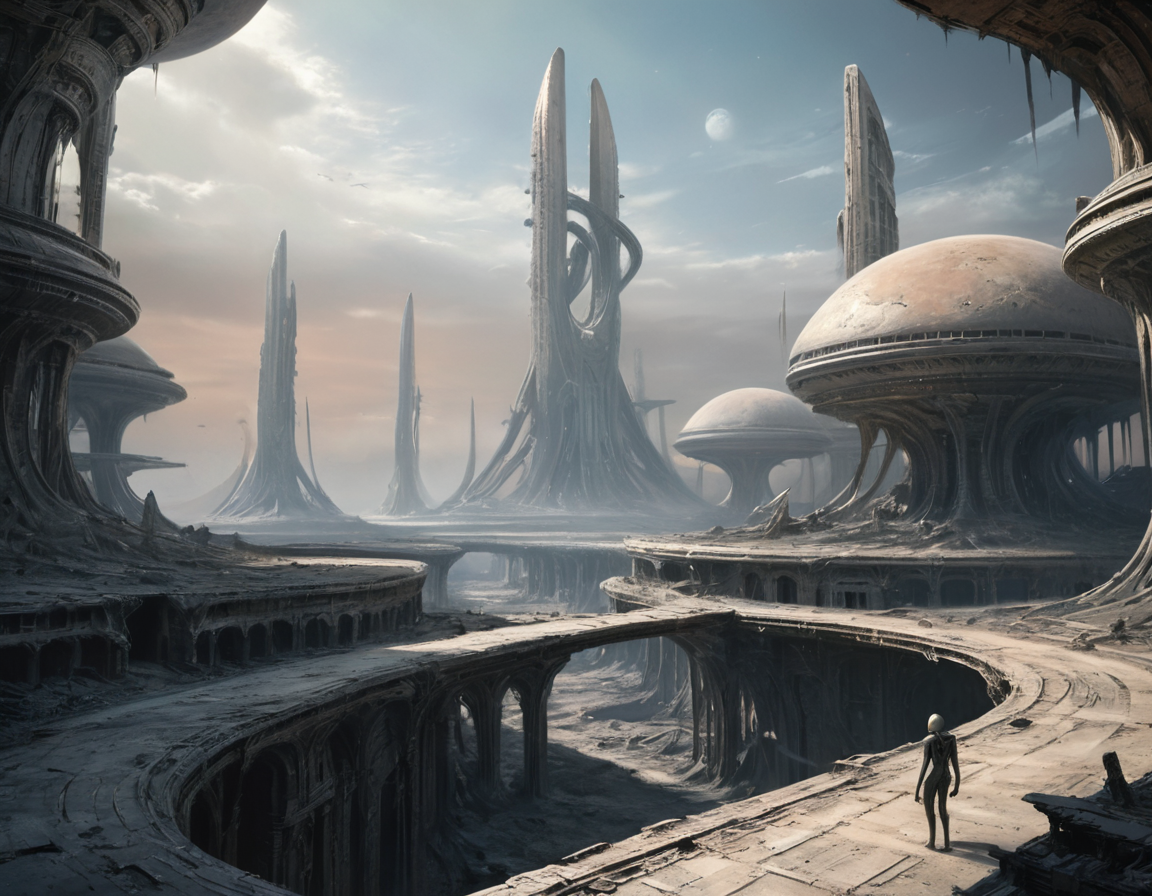 In this forsaken land, the remnants of an alien civilization stretch endlessly into the horizon, their grandiose architecture reduced to mere shadows and whispers, haunting reminders of worlds long gone, b3ks1n