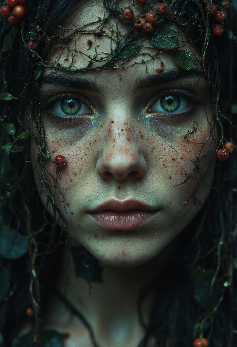Her face emerges from the darkness like a vision whispered in a fever dream — impossibly beautiful, achingly young, and wrong. Her skin glows with the hue of damp moss and decayed ivory, speckled with bioluminescent freckles that pulse like fireflies caught under the skin. Vines sprout from her temples, threading into her long, wet hair — a cascade of twisted ivy and dark blossoms, glistening with dew and something far darker.
Her eyes are vast and glistening, hypnotic pools of venomous green ringed with gold, framed by lashes heavy with moisture and dust. They shimmer with a hunger far too old for her youthful face. There is something playfully cruel in her gaze, like a child playing with the wings of a dying moth. She does not blink — she stares, wide-eyed, lips parting ever so slightly as if tasting the moment.
Her mouth is soft and plush, touched with the color of crushed berries. And when she smiles — slowly, sensually — two slender fangs unfurl from her gums like the thorns of a blooming rose. Her breath is sweet and humid, like overripe fruit fermenting in the shadows.
As she leans in, her skin brushes yours — warm, inviting — but her scent carries rot beneath the bloom, decay beneath the sweetness. Small petals drift from her hair with each movement, landing on your chest like fragile warnings. Her fingers, long and velvet-skinned, cradle your jaw with impossible gentleness.