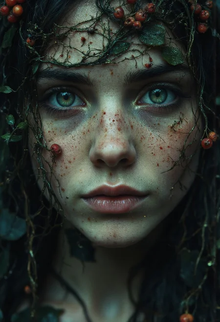 Her face emerges from the darkness like a vision whispered in a fever dream — impossibly beautiful, achingly young, and wrong. Her skin glows with the hue of damp moss and decayed ivory, speckled with bioluminescent freckles that pulse like fireflies caught under the skin. Vines sprout from her temples, threading into her long, wet hair — a cascade of twisted ivy and dark blossoms, glistening with dew and something far darker.
Her eyes are vast and glistening, hypnotic pools of venomous green ringed with gold, framed by lashes heavy with moisture and dust. They shimmer with a hunger far too old for her youthful face. There is something playfully cruel in her gaze, like a child playing with the wings of a dying moth. She does not blink — she stares, wide-eyed, lips parting ever so slightly as if tasting the moment.
Her mouth is soft and plush, touched with the color of crushed berries. And when she smiles — slowly, sensually — two slender fangs unfurl from her gums like the thorns of a blooming rose. Her breath is sweet and humid, like overripe fruit fermenting in the shadows.
As she leans in, her skin brushes yours — warm, inviting — but her scent carries rot beneath the bloom, decay beneath the sweetness. Small petals drift from her hair with each movement, landing on your chest like fragile warnings. Her fingers, long and velvet-skinned, cradle your jaw with impossible gentleness.