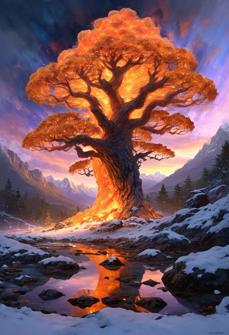 (by Ellen Jewett:1.5), (Fiery orange Bioluminescent Impressionism, mountain landscape, The Dreamland, Gibson Great Mountains, rock, sky, giant tree, great grand tree on mountains, great fire, great great magical tree, sunset, sunrise , stream, lightining, snow and ice, ethereal landscapes, depth of field, biotech emotion:1.3) <lora:xl_more_art-full_v1:0.5> <lora:add-detail-xl:1> <lora:RMSDXL_Creative:2>