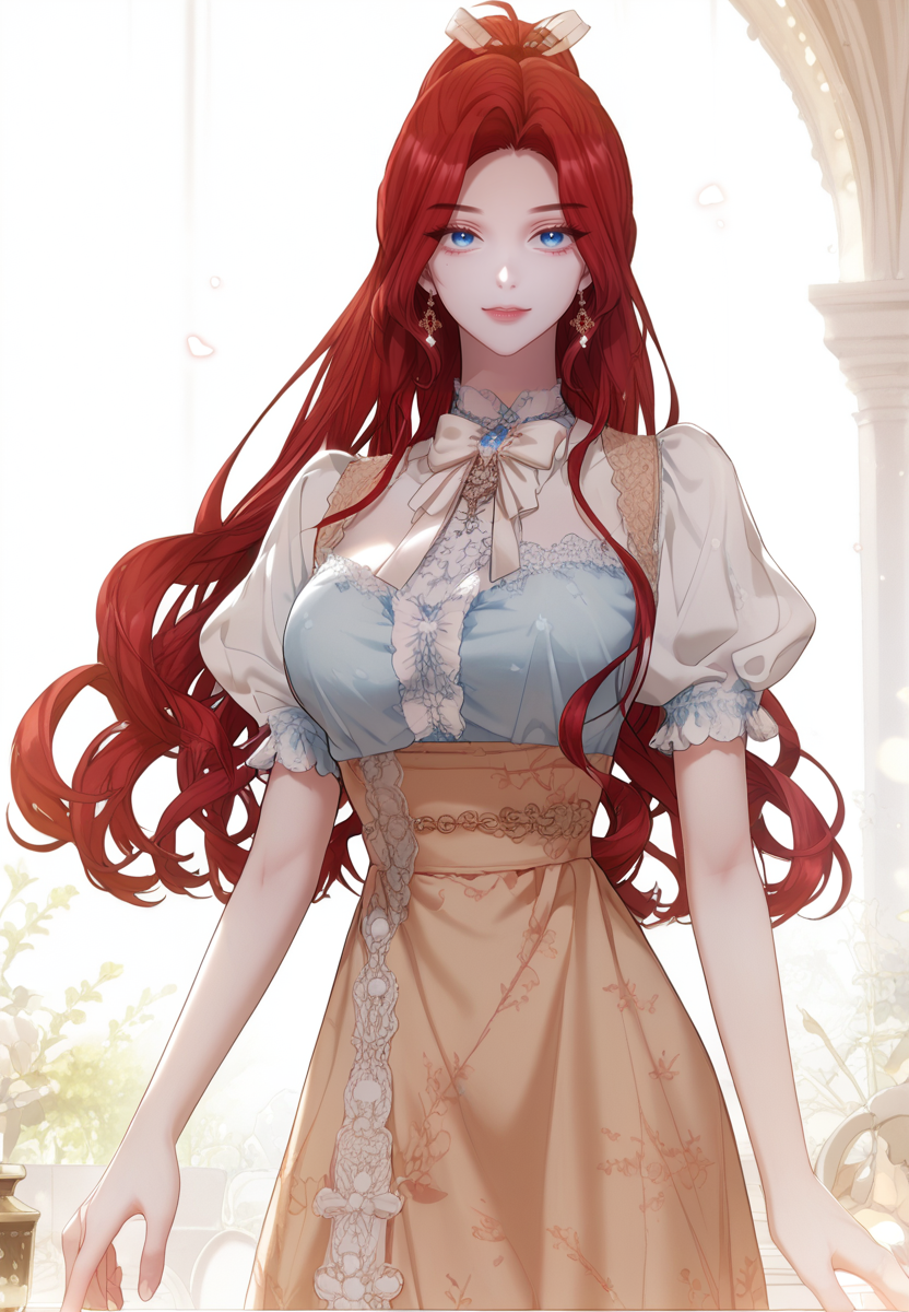 zPDXL3, score_9_up, score_8_up, score_7_up, (Anime_source),Masterpiece,(perfect female body:1.2), (incredibly detailed:1.4), slim, small waist, beautiful fingers, beautiful white skin, Beautiful clear skin, (large breasts:1.4)  looking at viewer, big breasts,  <lora:Hilaria_Guenièvre_-_Concubines_Invitation-Kaleid_PONY:1>hilariaguenievre, 1girl, blue eyes, red hair, long hair, ass, perfect ass, dress, short sleeves, puffy sleeves