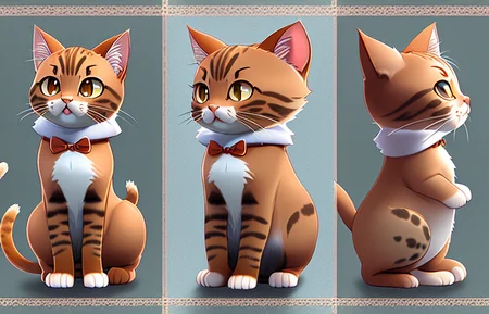 Full body of character turnaround of a (kitten animal :1.1). highly detailed  front, back, side, 3/4 (multiple views:1.1) of the (same character :1.1)in the same outfit. Subsurface scattering, rimlight, (charturner:1.3)., art by smoose2