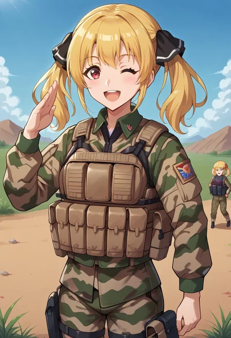 1girl, solo, lalalofr, blonde hair, twintails, hair ribbon, red eyes, military combat uniform, camouflage jacket, camouflage, load bearing best, camouflage pants, soldier, bulletproof vest, outdoors, grass, salute, wink, open mouth, smile,