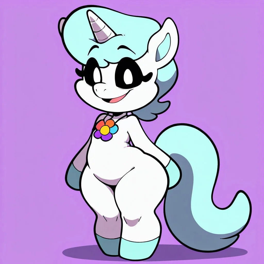 masterpiece, best quality, newest, amazing quality, highres, very aesthetic, absurdes, solo, adorable, huge hips, cartoony, anthro, light blue hair, light blue tail, necklace with a multicolored flower symbol, unicorn horn, back sclera, white pupils, furry, unicorn
