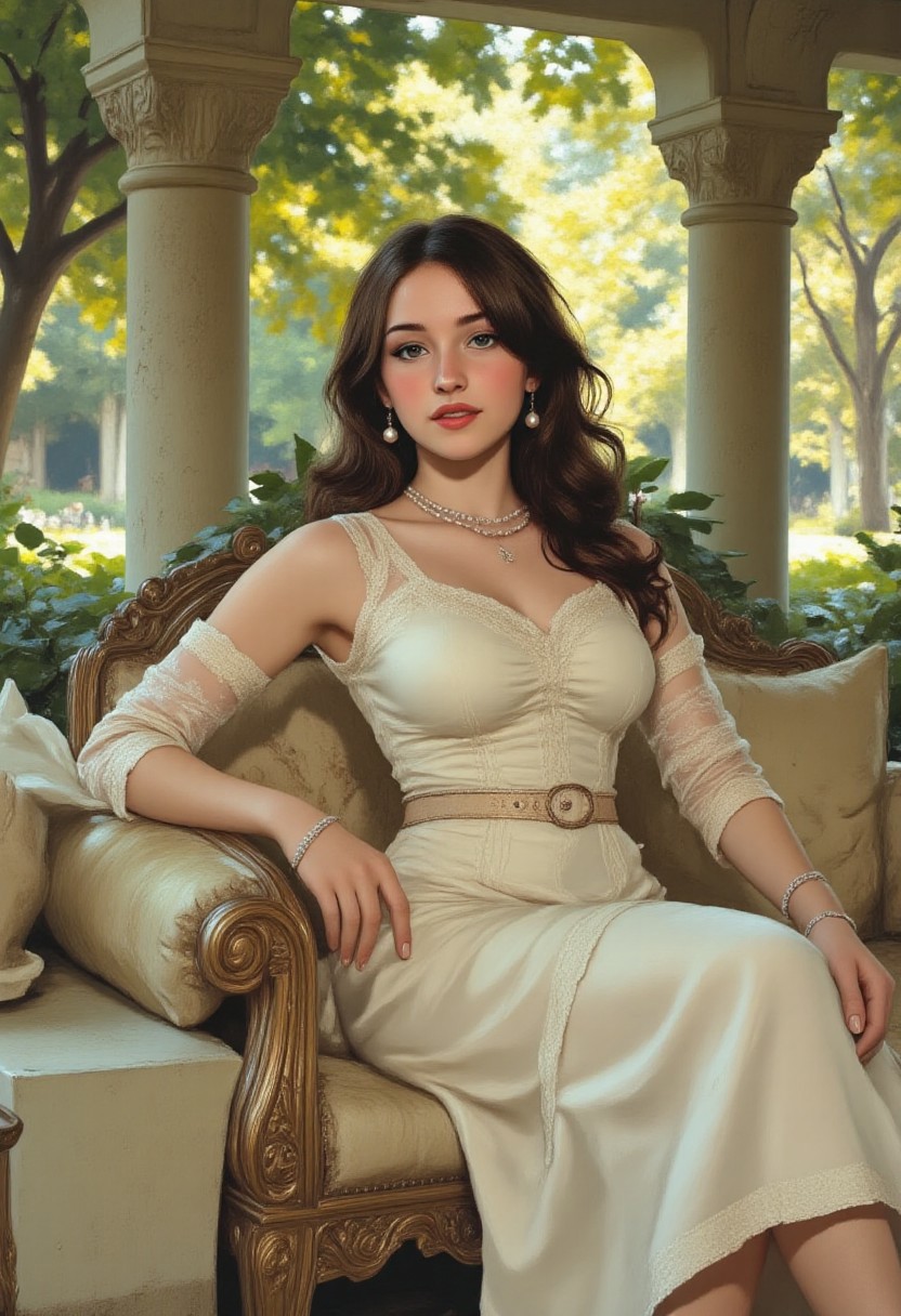 photo-realistic, beautiful woman, elegant, sitting on a luxurious stone bench, white satin dress, lace details, brunette, wavy hair, soft makeup, red lipstick, pearl earrings, soft lighting, lush green foliage, stone pillars in background, sunlight filtering through trees, pastel colors, vintage style, delicate textures, relaxed pose, cozy atmosphere, high-resolution, detailed, feminine, graceful, sophisticated, refined, serene expression, luxurious setting fantasy painting.
Lghtn, c0mix2 perfection style aidmamj6.1