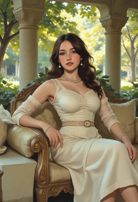 photo-realistic, beautiful woman, elegant, sitting on a luxurious stone bench, white satin dress, lace details, brunette, wavy hair, soft makeup, red lipstick, pearl earrings, soft lighting, lush green foliage, stone pillars in background, sunlight filtering through trees, pastel colors, vintage style, delicate textures, relaxed pose, cozy atmosphere, high-resolution, detailed, feminine, graceful, sophisticated, refined, serene expression, luxurious setting fantasy painting.
Lghtn, c0mix2 perfection style aidmamj6.1