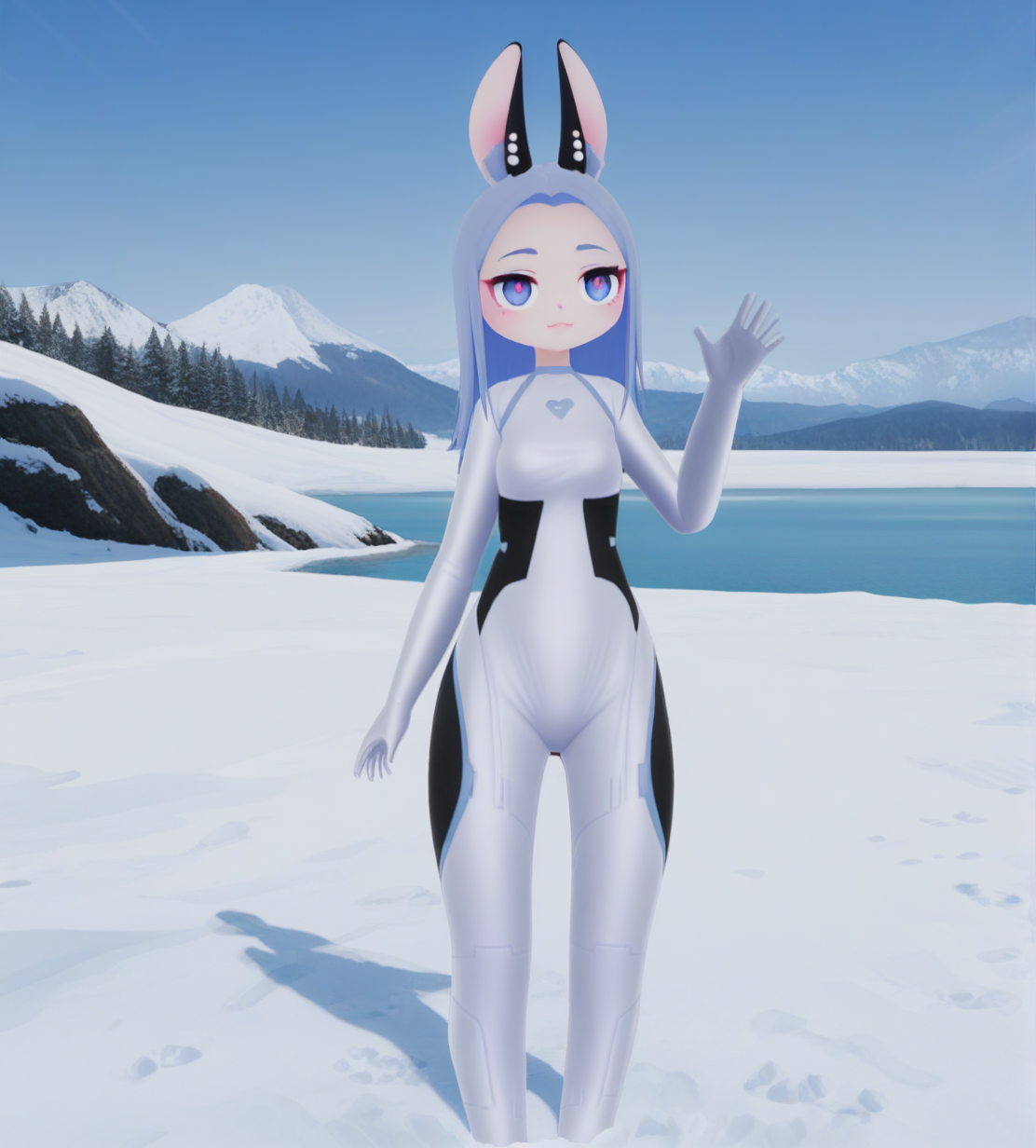 <lora:space_bun-000005:1>,1girl, space bun,blue hair,long hiar,rabbit tail, blue eyes,forehead,short bangs,rabbit ears,flat chest,chibi face,
bodysuit,two-tone bodysuit,white bodysuit, black bodysuit,
mountain, snow, winter, horizon,
very awa, masterpiece, best quality, highres, absurdes,amazing quality,very aesthetic,intricate details,scenery,<lora:hand 5.5:1>